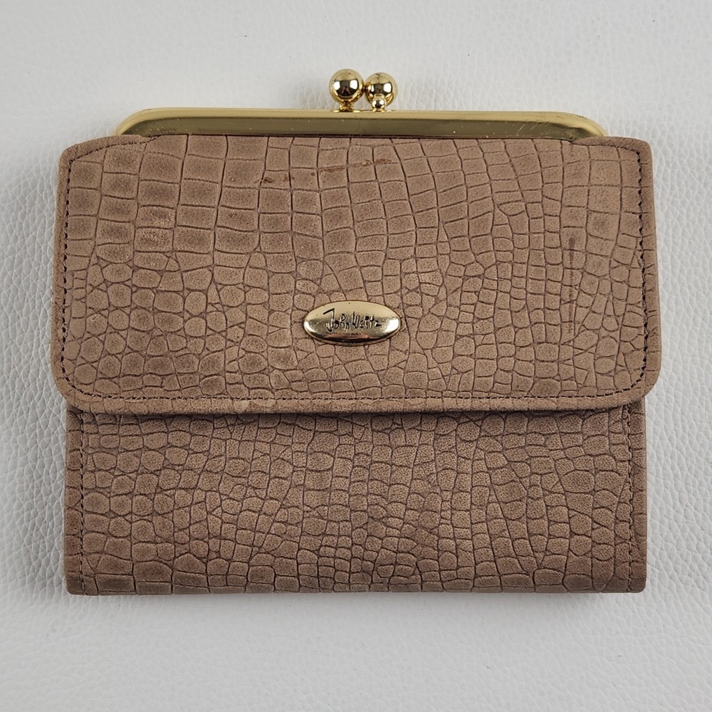 Vintage John Weitz Leather Wallet Taupe Brown Croc Embossed Kiss Lock Billfold